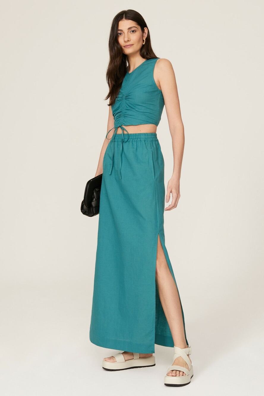 Something Navy Linen Side Slit Pull-On High Rise Teal Blue Maxi Skirt Size XL